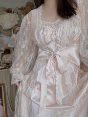 LIZAKOSHT - French Elegant Women Nightgown 2 Piece Set Princess Suspender Midi Dress with Soft Cardigan Comfortable Solid Home Loungewear