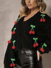 LIZAKOSHT  -  3D Cherry Knit Cardigan Women V Neck Long Sleeves Sweater Coats Female 2025 Autumn Winter Chic Fashion Solid Knitwears Lady