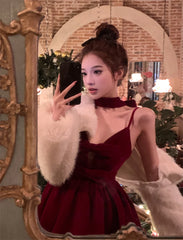 LIZAKOSHT - Sexy Velvet Short Dress Women Bow Red Vintage Sweet Party Dress Female Sleeveless Korean Fairy Mini Evening Dress Winter