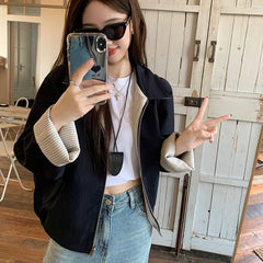 LIZAKOSHT  -  Reversible Jacket Women Spring Fall Simple Vintage Striped Baseball Zipper Chic Golf Outwear Harajuku Classic Commute Tops