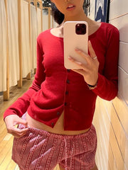 LIZAKOSHT - Eyelet Red Woman's Sweater Cardigan O-neck Single Breasted Slim Knitwear Female Casual Simple Solid All-match Cotton Crop Top
