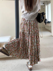LIZAKOSHT - Autumn Winter Wrinkled Floral Pleated Skirt Women Korean Style Casual High Waisted A-Line Midi Long Skirts Maxi falda plisada