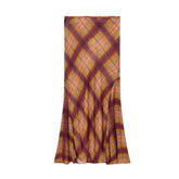 LIZAKOSHT - Retro Plaid Pattern Pleated Skirt Women Elegant HighWaist Patchwork Ruffle Slim Midi Skirts Lady Holiday Street Wear New