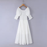 LIZAKOSHT - Dot Print Wood ears Ruched Chest Bow U collar Puff Sleeve Dress Elastic High Waist Pleated Swing Midi Dresses Holiday Robe