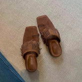 LIZAKOSHT - Fringe Brown Flip Flops Slippers Square Heels Peep Toe Suede Genuine Leather Sandals Summer Women's Vocation Fashion Shoes