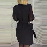 LIZAKOSHT  -  Fashion Sequin Patchwork Mesh Mini Dresses Elegant V Neck See-through Sleeve Lace Up Dresses Office Lady Commute Pleated Dresses