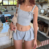 LIZAKOSHT - Women Solid Outfits Sleeveless Square Collar Crop Top and Low Waist Ruched Shorts Hot Sexy Homewear Summer Lounge Sets