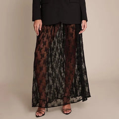 LIZAKOSHT - Coquette Grunge Sheer Lace Maxi Skirt Built-in Thongs Design Low Elastic Waist Flowy Skirt Elegant Lady Grunge See-Through Skirt