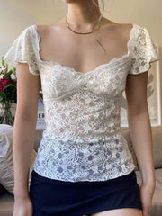 LIZAKOSHT - Summer Y2k Aesthetic Sexy Slim Crop Top Lace Jacquard Bottoming Women T-shirt See Through Bandage Harajuku Vintage Tee Shirts