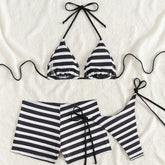 LIZAKOSHT - New Shorts Three-Piece Black White Striped Bikini Set Women Summer Swimming Wading Sports Sexy Backless Lace Up Style Swimwear