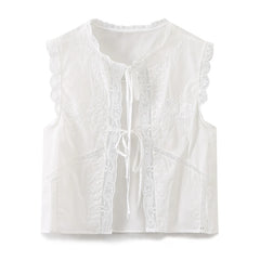 LIZAKOSHT - Sleeveless Lace-up Summer Blouse Cotton Floral Embroidered lace Blouses Shirts Women Tops Vintage Boho Beach Wear Casual Blusas