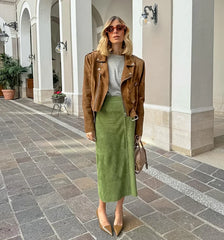 LIZAKOSHT - Green Suede Half length Skirt for Women's Autumn New High Waist Slim Straight Leg Skirt Medium to Long Women's Wear