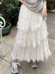 Lizakosht White Black Long Skirt Women Crochet Lace Skirt Goth Lolita Summer High Waisted High Low Ruched Ruffle Pleated Skirts rok