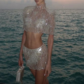 LIZAKOSHT - Women 2Piece See Through Sheer Skirt Set Shell Sequin Beaded Cropped Top Low Waist Micro Skirt Beach Vacation CoverUp