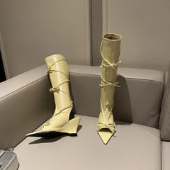 LIZAKOSHT - Summer Tall Sandals For Women Fashion Pointed Toe Low Heel Female Knee High Boots Butterfly-Knot Solid Color Wedges Shoes Ladies