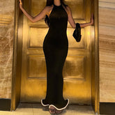 LIZAKOSHT - Temperament Halter Edge Curl Sleeveless Long Bodycon Solid Dress Tight Banquet Party Elegant Ladies Summer Backless Gowns