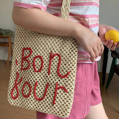 LIZAKOSHT - Women Fashion Letter Embroidered Shoulder Bag Hollow Grass Woven Beach Bags Vacation Handbag