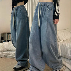 LIZAKOSHT - Straight Basic Pants Y2k Elastic Waist Oversized American Trouser Spring Women Vintage Baggy Jeans Denim Wide Leg Streetwear