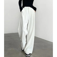 LIZAKOSHT - Korean White Wide Leg Pants Women Elegant Classic High Waist Casual Trousers Straight Cut Office Lady Commuter Suit Pants