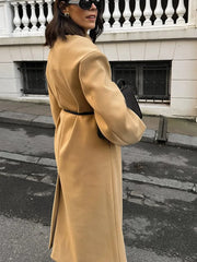 LIZAKOSHT - Retro Woman Solid Flip Collar Double Breasted Loose Overcoat Fashion Full Sleeves Casual Long Coat Female New Commuter Jacket
