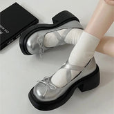LIZAKOSHT - Women New Round Toe Cute Mary Janes Shoes Female Bow Sliver Leather Square Heel Pumps Lady French style Lolita Shoes