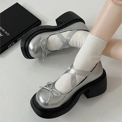 LIZAKOSHT - Women New Round Toe Cute Mary Janes Shoes Female Bow Sliver Leather Square Heel Pumps Lady French style Lolita Shoes