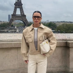 LIZAKOSHT - Chic Fashion 2025 Autumn Temperament Jacket Beige Streetwear Women Outwear Zipper High Street Casual Turn-down Collar Pockets