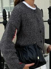 LIZAKOSHT - Chic Patchwork Color Contrasting Knitted Cardigan Women Casual O Neck Full Sleeve Short Sweater Autumn New Female Fashion Top 