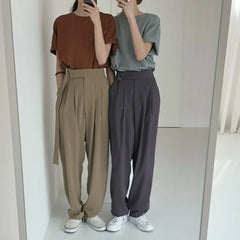 LIZAKOSHT - Autumn Winter Women Korean Casual High Waist Wide Leg Loose Solid Long Pants with Sashes Office Ladies Suit Pants Streetwear New