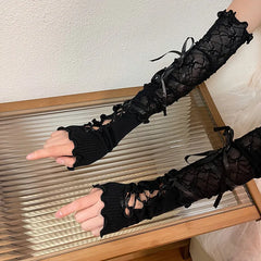 LIZAKOSHT - Lace Flower Sleeves Women Gothic Lolita Black Hollowed Out Gloves Mesh Punk DIY Strapping Bow Tie Fingerless Mitten Girls Party