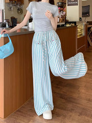 LIZAKOSHT - Trousers Blue Stripe Colorful Shell Buckle Wide Leg Pants High Waist For Women New Korean Fashion Summer Loose Lazy Style Causal