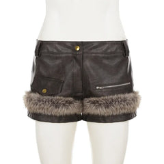 LIZAKOSHT - Women Fluffy Faux Fur Patchwork PU Leather Shorts 2025 Fall Winter Button Fly Medium Waist Slim Casual Streetwear Night Clubwear
