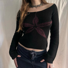 LIZAKOSHT - Women Y2K Vintage Off Shoulder Sweater Slim Fit Aesthetic Graphic Print Long Sleeve Knitweare Tops Vintage Streetwear