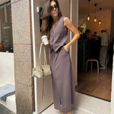 LIZAKOSHT  -  Casual Long Dress Set V-Neck Sleeveless Vest Top Slit Skirt Set Fashion Office Lady Elegant Women Dress Set Outfits