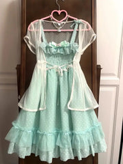 LIZAKOSHT - Summer Sweet Loose Dress Set Women Design Elegant Bow Sling Lace Dresses Female Fashion Sleeveless Kawaii Lolita Outfits