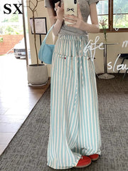 LIZAKOSHT - Trousers Blue Stripe Colorful Shell Buckle Wide Leg Pants High Waist For Women New Korean Fashion Summer Loose Lazy Style Causal