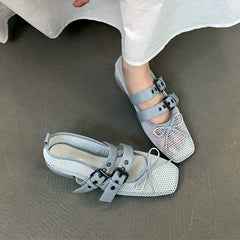 LIZAKOSHT - Fashions Mesh Ballet Flat Shoes Women Belt Buckle Square Toe Loafers New Casual Comfy Hollow Bow Designer Mary Jane Pumps