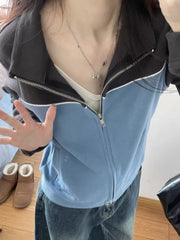 LIZAKOSHT  -  Korean Hippie Blue Zip Up Sweatshirt Women Harajuku Kpop Oversize Hoodie Female Tracksuit  Streetwear Patchwork Tops