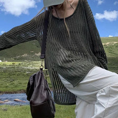 LIZAKOSHT - Outer Cover for Women 2024 Spring Summer Thin Long Lazy Air Conditioning Sweater Premium Top Long Sleeve Hollow Knitted Sweater