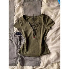 LIZAKOSHT - American Retro Short-sleeved T-shirt Casual Fashion Green Top Slim-fit Woman Summer 2024 Vintage Pulovers Basic Popular Tees