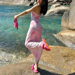 LIZAKOSHT - y2k Long Dress Women Summer Floral Print Spaghetti Strap Sleeveless Mesh Bodycon Dress 2000s Party Dresses Clubwear