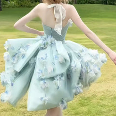 LIZAKOSHT - Blue Short Three Dimensional Flower Adult Ceremony Birthday Banquet Sweet Cocktail Party Blossoms Puffy Evening Dress