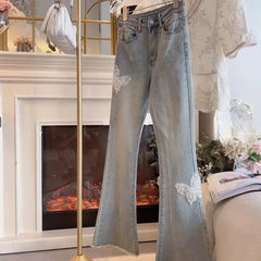 LIZAKOSHT - Flared Trousers Women Sequins Butterfly Embroidery Slim Fit High Waist Streetwear Light Blue Boyfriend Denim Pants Ladies 2024