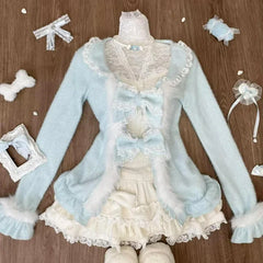 LIZAKOSHT  -  Sweet Lolita Lace Bow Plush Cardigan+ Sexy Slim Fit Strapless Vest Tops+ High Waist Ruched Skirts Early Winter Three Piece Sets