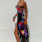 LIZAKOSHT - Sexy Floral Print Long Dr Travel oulder Wrap Chest High Waist A-Line Skirt for Women Summer Season No Sve V-Ne Dr