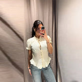 LIZAKOSHT - Solid Black Ruched Front Tie Blouse Puff Short Sleeve Peplum Hem Spring Romantic Women Chiffon Top Fashion Sweet Lady Shirt