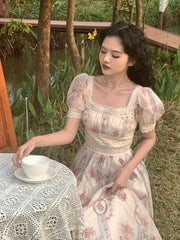 LIZAKOSHT - Summer Romantic Vintage Lace Puff Sleeve France Dress Women Floral Print Square Collar Holiday Dress Female Patchwork Vestidos