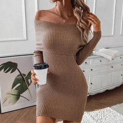 LIZAKOSHT - Women's New Spliced Fashionable Solid Color Slim Fit Casual Long Sleeved Knitted One-piece Collar Dress