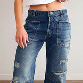 LIZAKOSHT - Jeans For Woman Y2k Jeans Distressed Wide Leg Trousers With Curved Hem Casual Loose Fit Comfort Stretch Denim Trendy