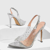 LIZAKOSHT - Luxury Rhinestone Thin Heeled Sandals Women Sexy Pointed Toe Transparent PVC Pumps Size 42 Elegant Party Backless Stripper Shoes